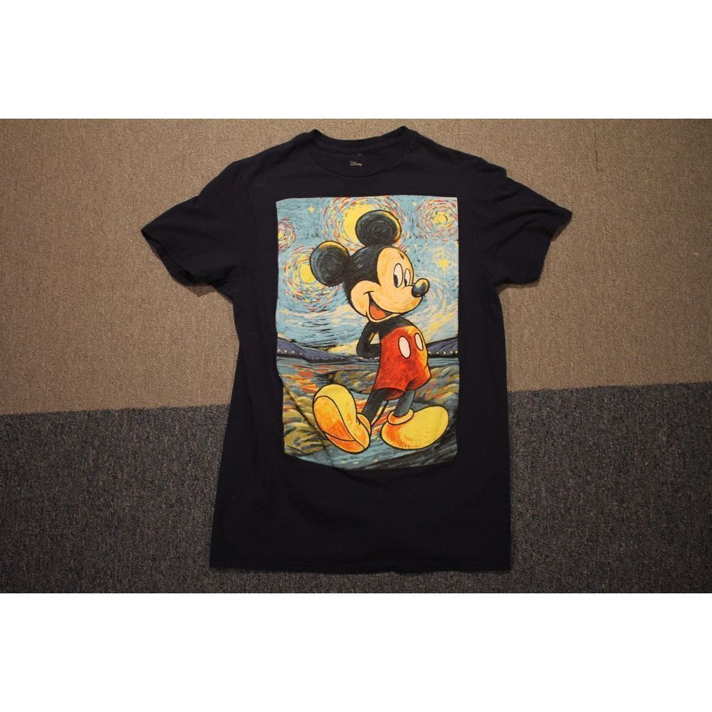 Disney Mickey Mouse Graphic Van Gogh Style Navy T-Shirt - Size Small